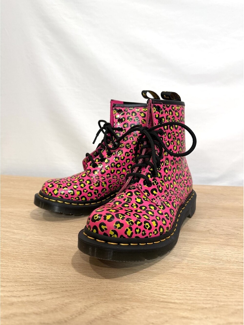 Dr. Martens 1460 Women's 6 Pink Yellow Leopard Patent Boots Punk 27652 NWOB